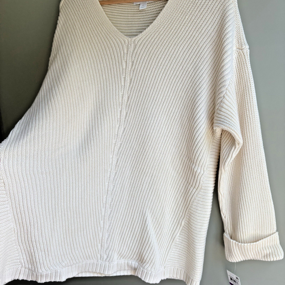 New CHARTER CLUB Cream Cotton Sweater XXL Slouchy Knit V-Neck Minimalist Neutral - Picture 5 of 10